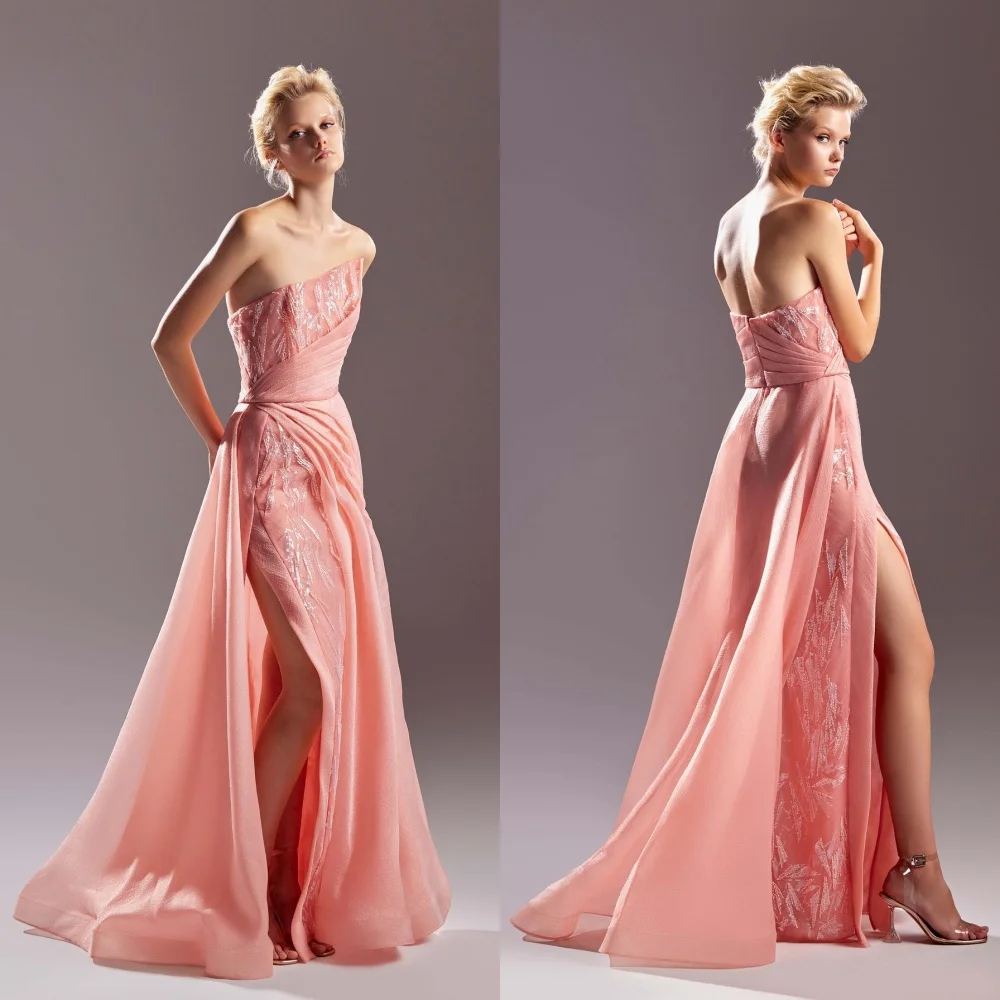 

Customized Exquisite Strapless A-line Floor Length es Beading Organza Customized