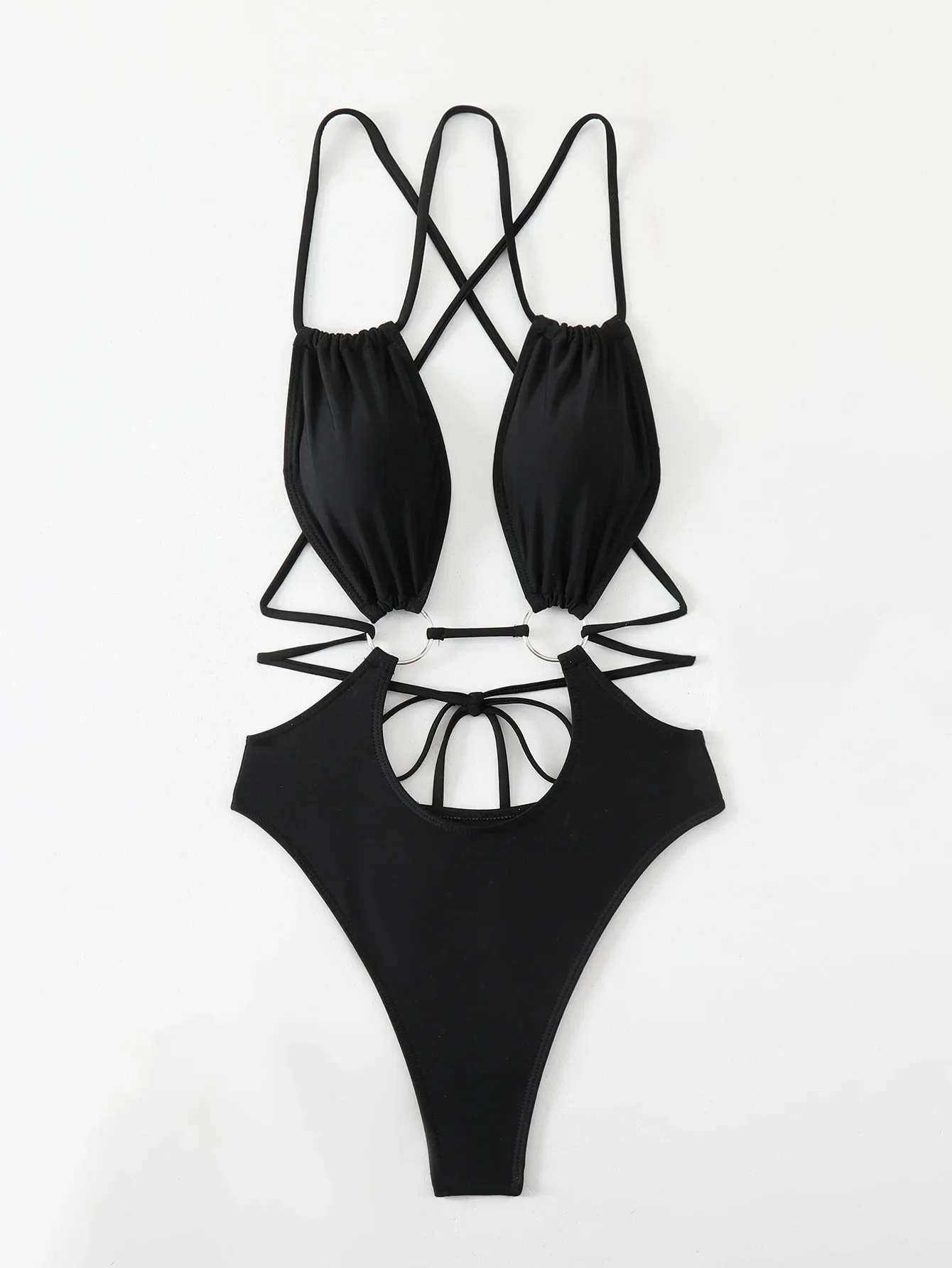 여성을위한 검은 섹시한 원피스 비키니 하이 웨이스트 중공 링 Monokini 수영복 2024 여름 해변 휴가 등받이 수영복