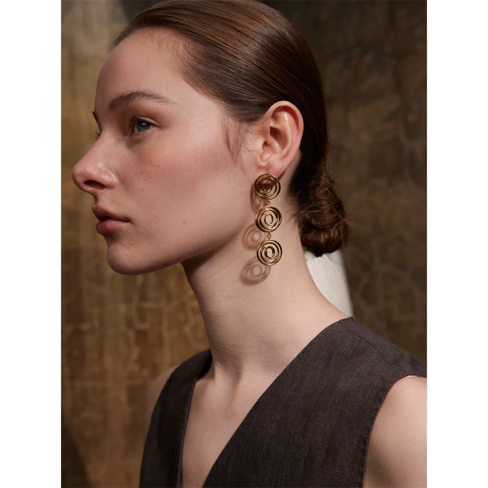 Yhpup Popular Stainless Steel Round Hollow Long Drop Earrings for Women Rust Proof Daily Charm Statement Jewelry Waterproof Gift