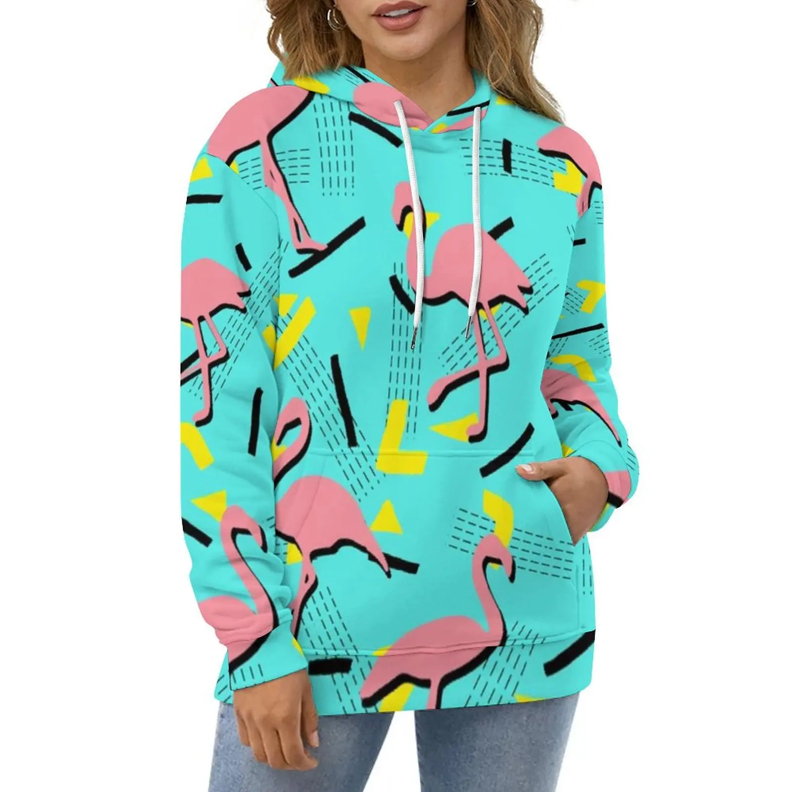 Retro Memphis Hoodies Pink Flamingo Print Street Style Casual Pullover Hoodie Long Sleeve Cute Custom Hooded Sweatshirts Gift