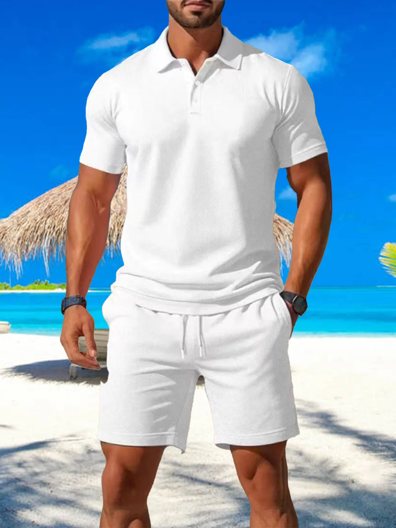 2025 European Men's Short Sleeved Polo Shirt Shorts Set, Loose and Handsome Young Men's Short Sleeved Shorts Two-piece Set,
