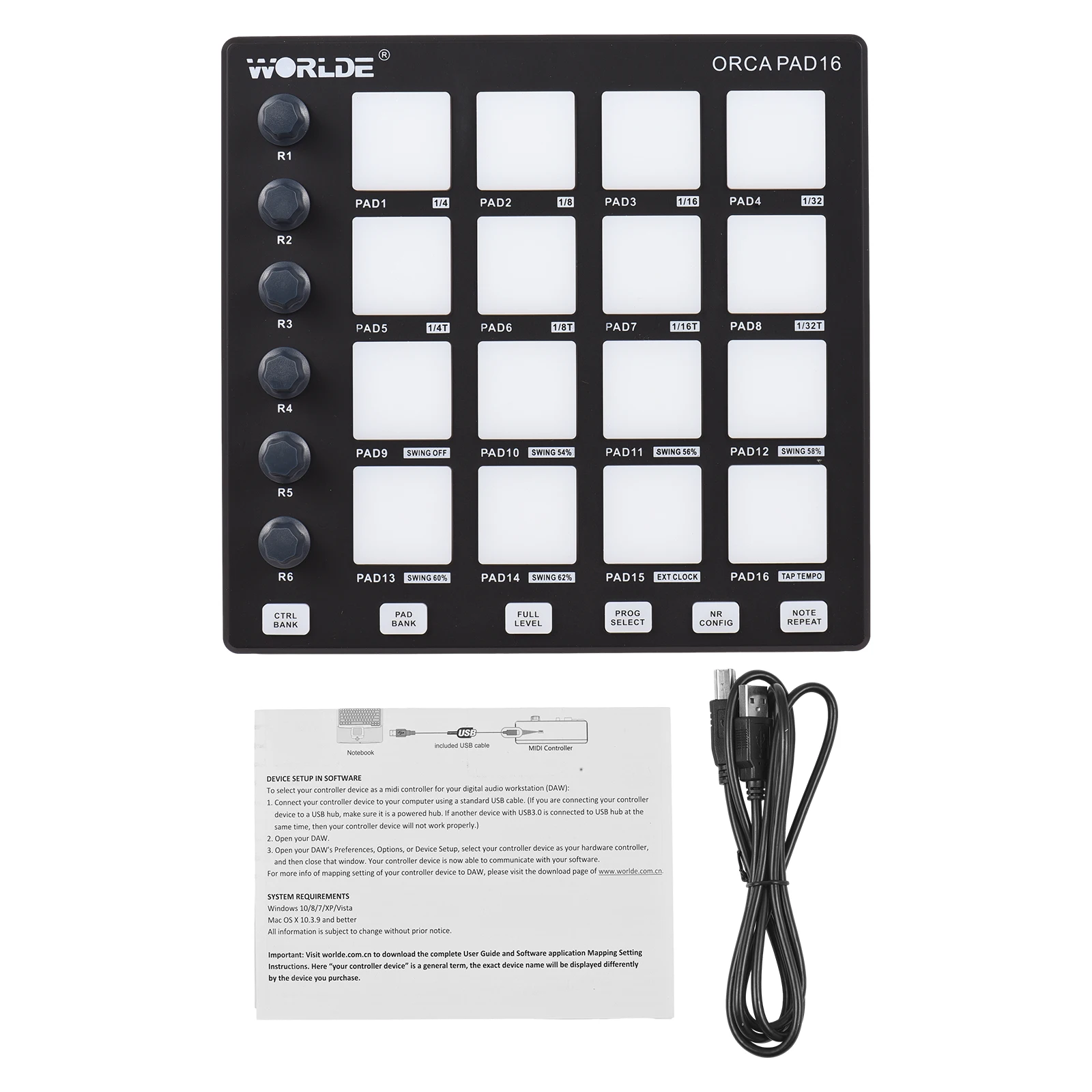 MIDI Controller Beat Maker Machine 6Assignable Knobs Note Repeat Full Level Buttons Mini Controller Pad USB for Music Production