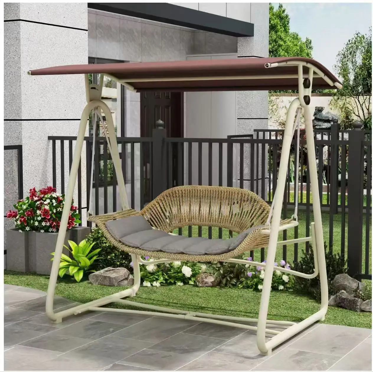 

3-Seater Modern Garden Rattan Rope Swing Chair Metal Patio Hammock with Hanging Lounge & Rocking Feature for Gym Outdoor Camping