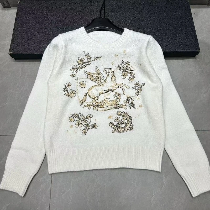 

Vintage Plant Flower Flying Horse Embroidered Knitted Sweater Women's Long Sleeve Round Neck Commute Casual Knitwear Tops Jumper