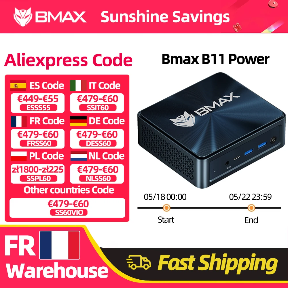 Mini PC BMAX B11 Power, Intel Core Ultra 7 155H, 16 cœurs, 22 threads, 24 Go de RAM, 1 To de SSD, Wi-Fi, Bluetooth, USB, HDMI, Type-C, Windows 11