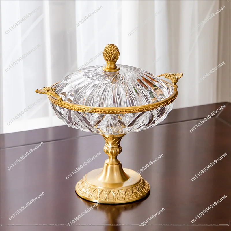 Pure Copper Ornament Crystal Glass Tall Fruit Plate European American French Home Handicrafts Living Room Model Room Guo Lou