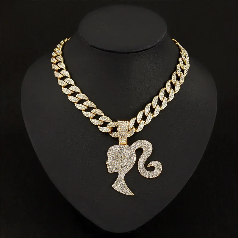 

Men Women Hip Hop Charm Girl'S Avatar Pendant Necklace With 13mm Cuban Chain Fashion Full Crystal Iced Out Jewelry Dropshipping