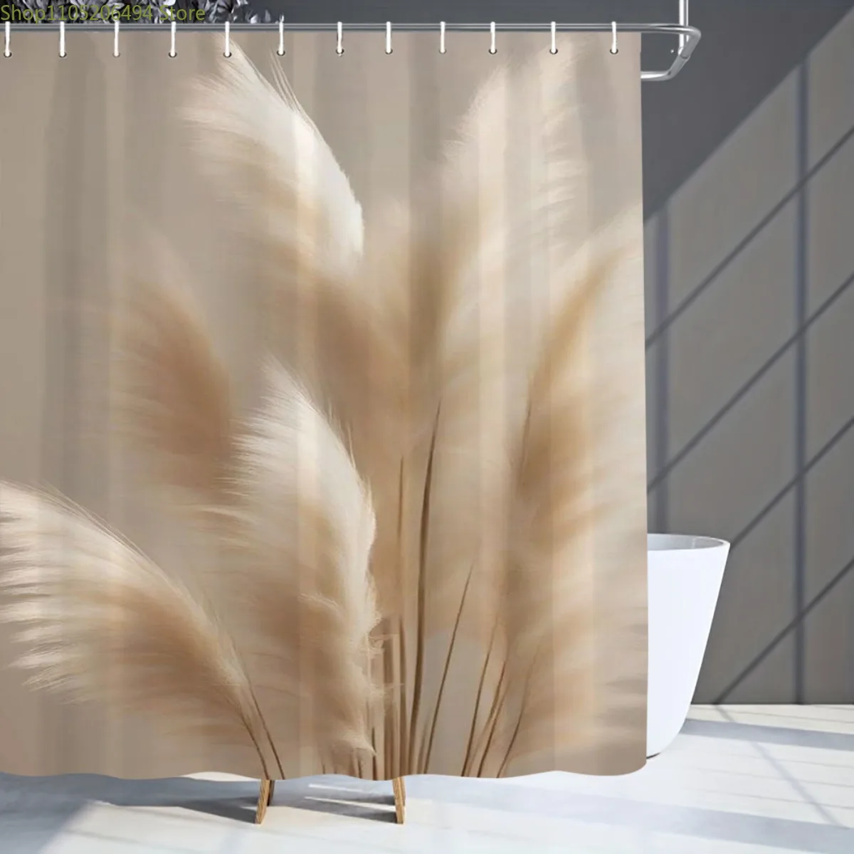 1pc Cream-Colored Pampas Grass Pattern Shower Curtain - Digital Print Polyester No-Drill Installation Artistic Design