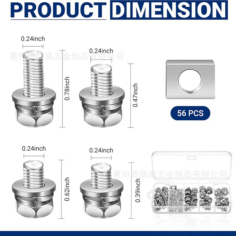 56Pcs 304 Stainless Steel Cross Recessed Hex Head Bolts & Galvanized Iron Nuts Assortment Hardware Kit