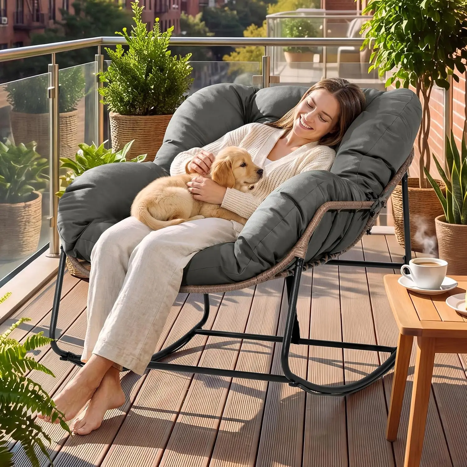 Oversized Egg Rocking Chair for Indoor/Outdoor – All-Weather Wicker Rattan Lounge Chair with Cushion, Patio Rocker for Porch