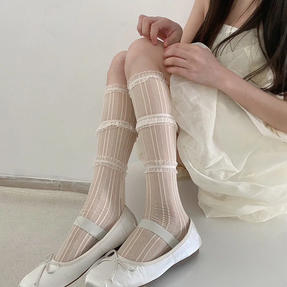 New Mesh Lace Ruffle Long Socks Stockings Women Ultra-thin Transparent Knee Socks JK Japanese Style Lolita Sweet Girls Stockings