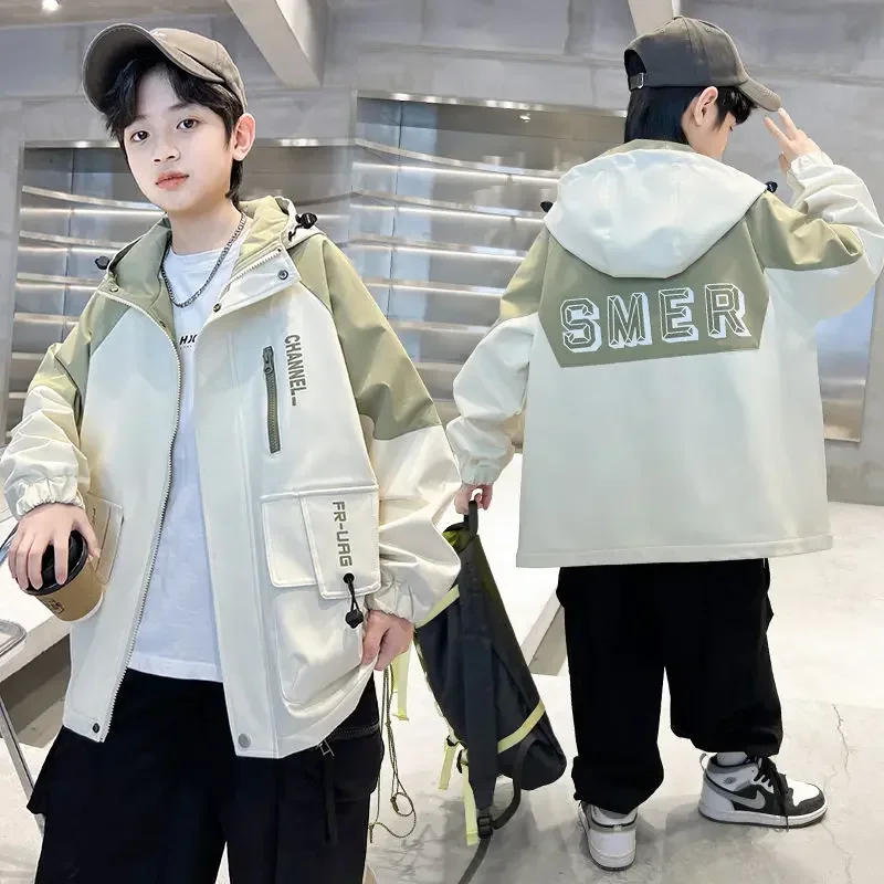 4-14Yrs Teens Boys Spring Autumn Pocket Jacket 2025 New Casual Clothes Large Children\'s Zipper Hooded Windproof kid overcoat