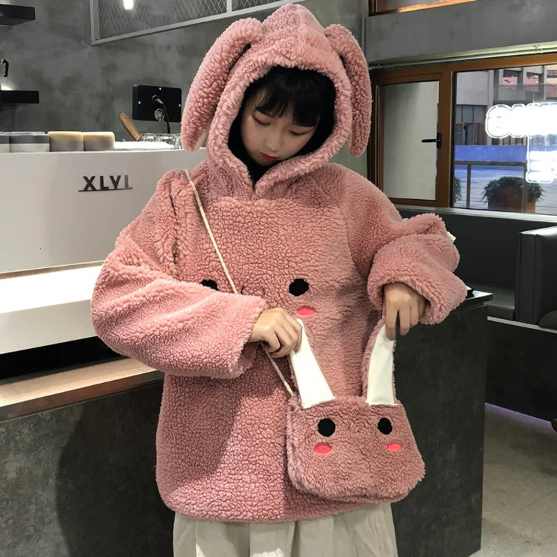 Autumn Winter Women Kawaii Rabbit Ears Plush Thicken Hoodie Faux Fur Casual Soft Warm Fluffy Embroidery Sweatshirt With Mini Bag