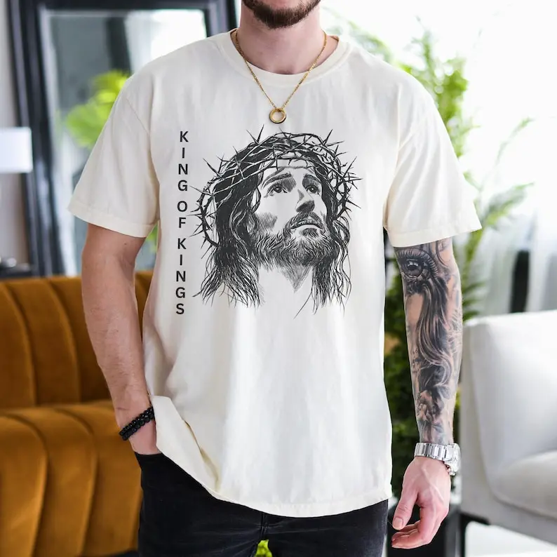 

King of Kings Jesus Shirt Eligious T-shirt Gift for Him Faith-Based Graphic Tee Mens Christian Adult Baptism Gift Cotton Tops