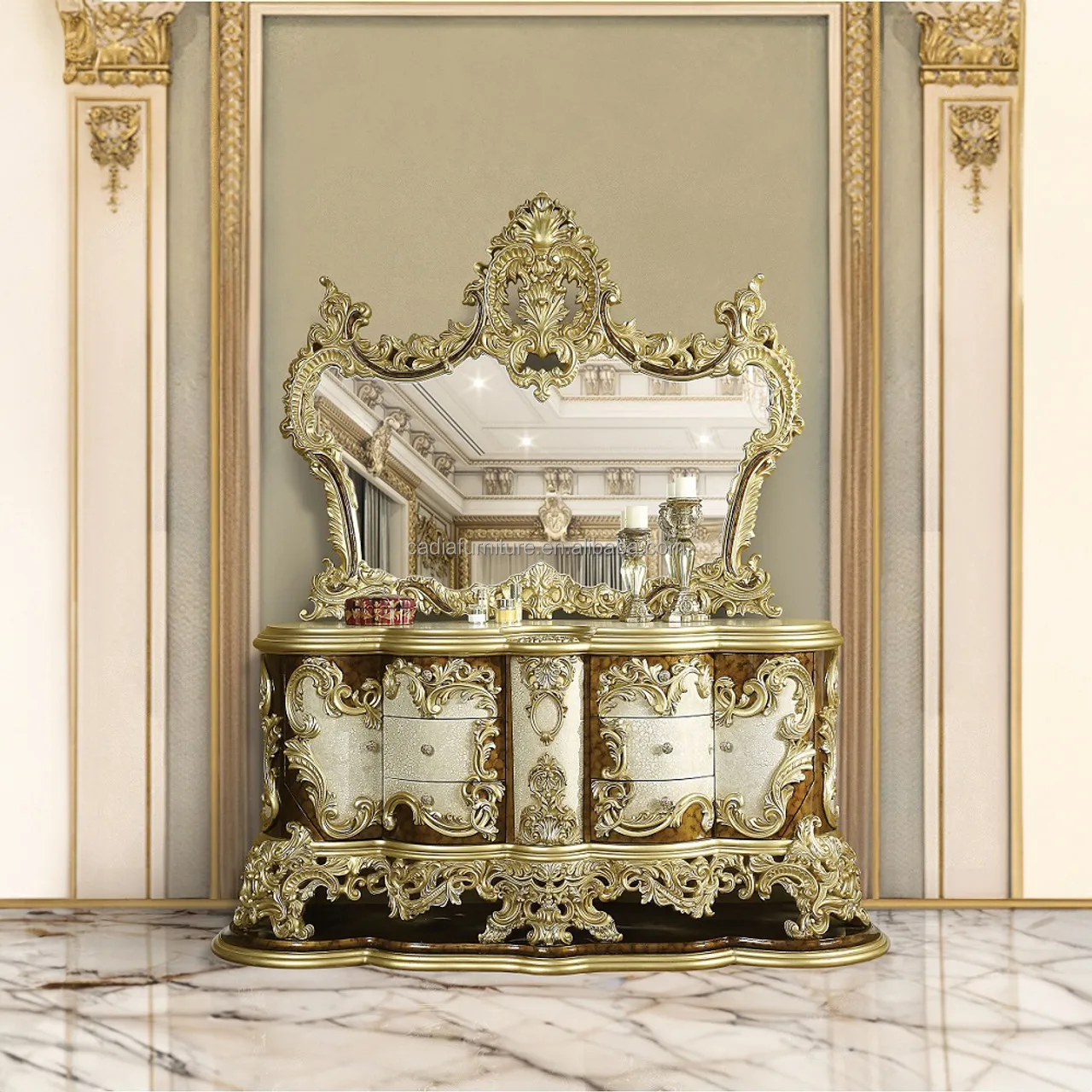 Mirrored Cabinet,Italy Luxury Classic Designs Solid Wood Carved Bedroom Furniture Antique Dresser With Mirror Royal Dresser With