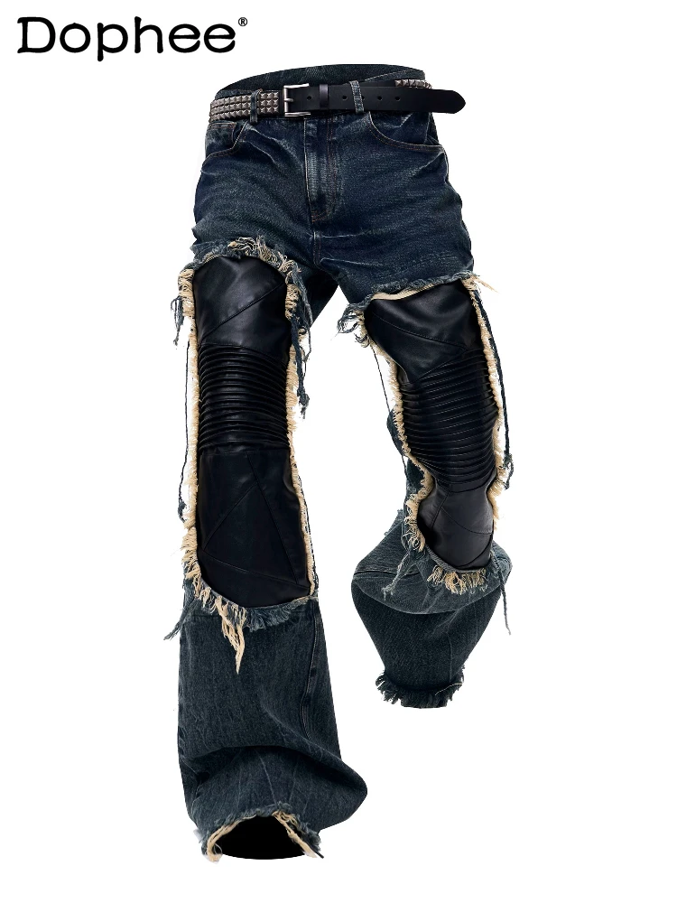 

Men's 2026 Summer Fashion Faux Leather Denim Trousers Men's Chic Wide-leg Denim Pants Personalized Handsome Stylish Cotton Jeans