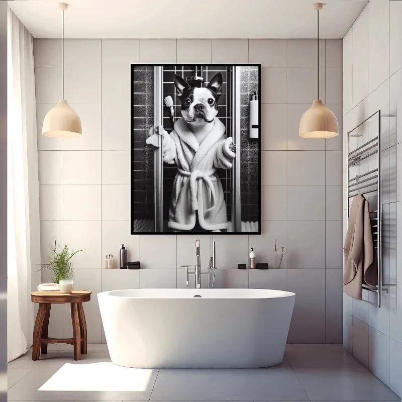 (1PC Unframe)Raccoon Pitbull  Husky Boston Terrier Chihuahua Bathroom Art Poster Print, Funny Dog Canvas Painting Black and Whit