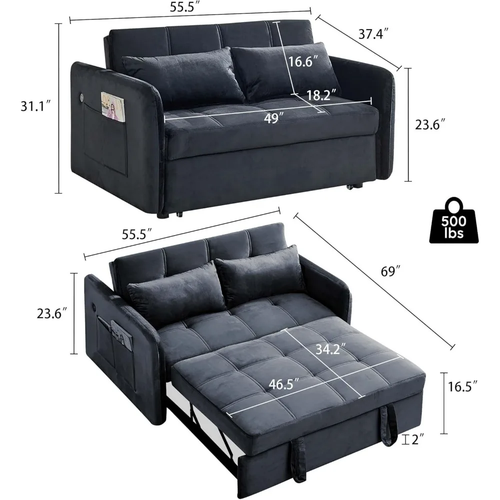 Loveseat Sleeper with USB Ports Velvet Pull Adjustable Backrest, Sofa Bed with Toss Pillows