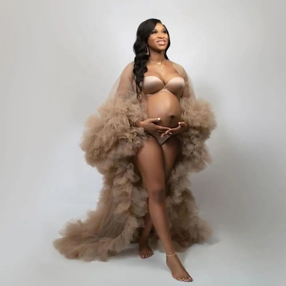 Khaki African Maternity Dress Robes for Photo Shoot or Baby Shower Ruffle Tulle Chic Women Prom Gowns Ruffles Photography Robe