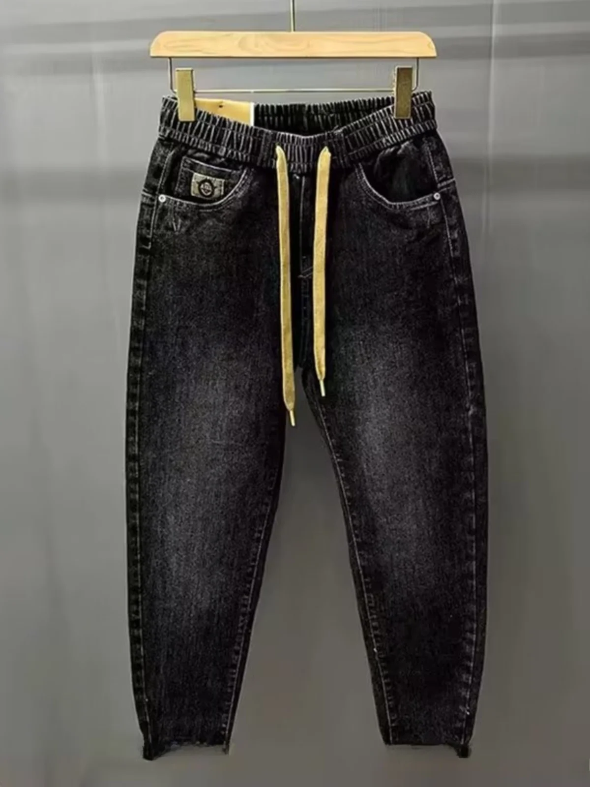 

Мужские джинсы с эластичной резинкой на талии, свободные зауженные брюки, высокоэластичные модные шаровары, хлопковые эластичные джинсовые молодежные брюки