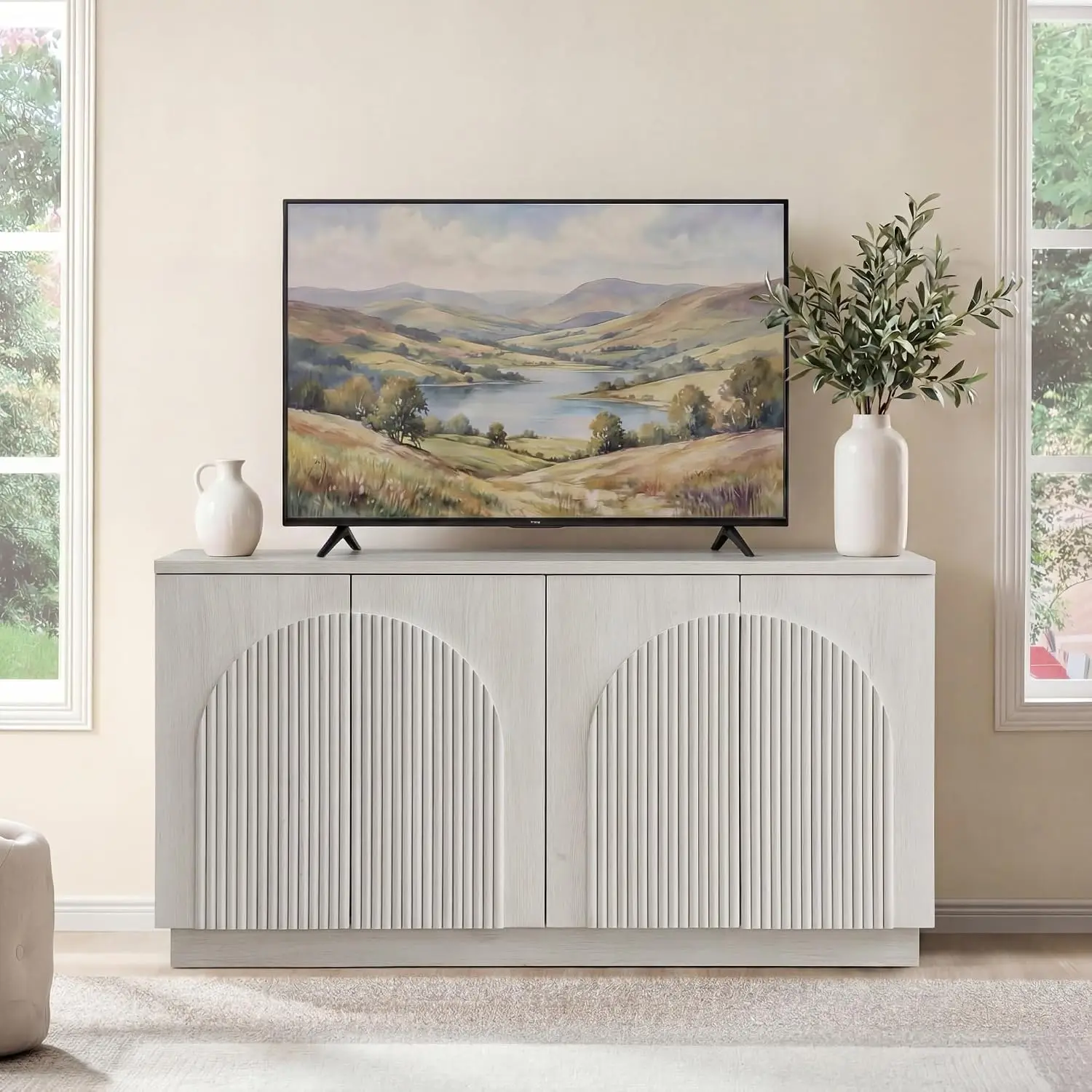 White Oak Fluted TV Stand Arched Reeded Door Storage 65 Inch Media Console Cabinet Living Room Bedroom White Oak, Customized