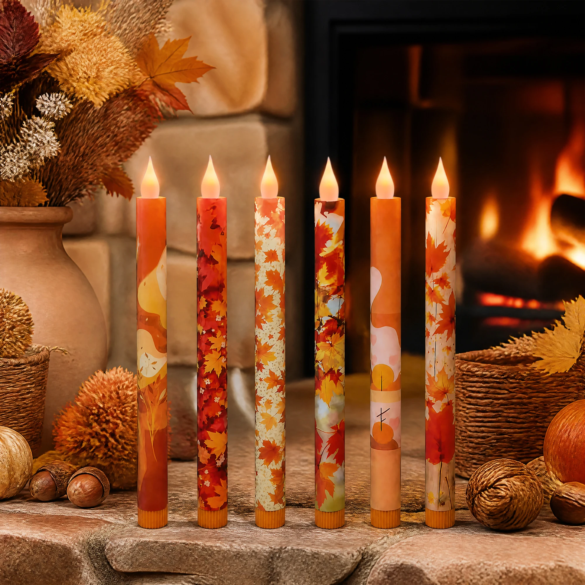 6Pcs a set Flameless LED Maple Leaf Taper Candle with Timer, 2/4/6/8H Auto Timer Battery Operated Flickering Realistic Flame, Electric Candlestick for Christmas Wedding Party Home Decor
