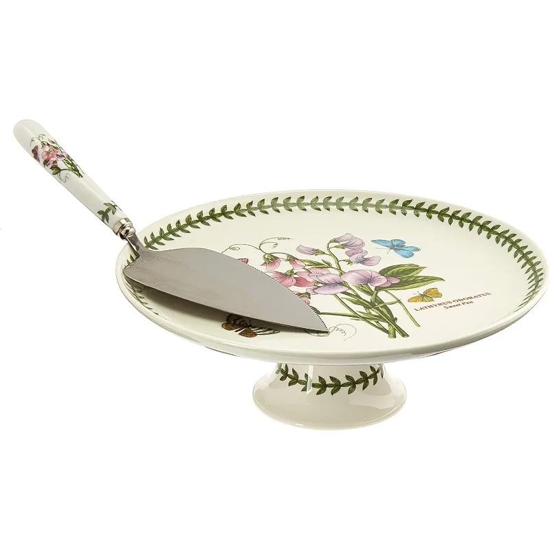 

Botanic Garden 10" Footed Cake Plate, Sweet Pea Motif - Includes Stainless Steel Server - Fine Porcelain, Dishwasher