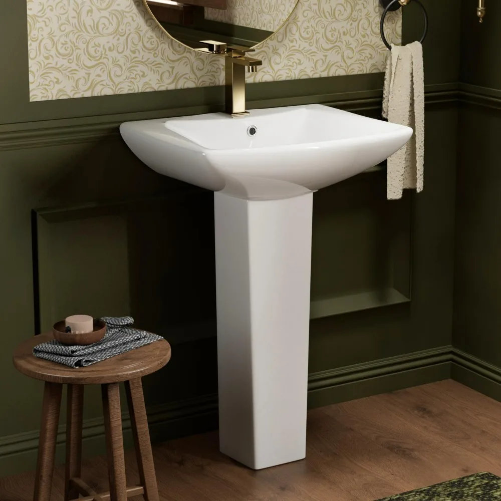 Modern ‎‎‎Rectangular Sytle Pedestal Sink for Tiny Bathrooms, L Pedestal Sink Combo with Overflow and 1 Pre-Drilled Faucet Hole