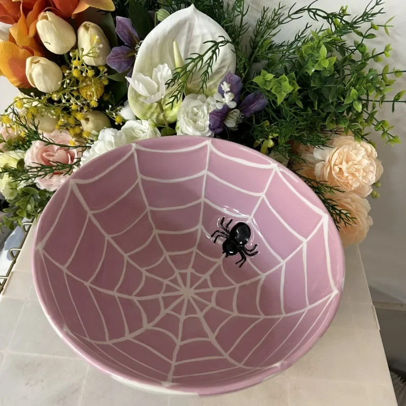 26cm Ceramic Spider Web Bowl Pink Halloween Serving Dish Pasta Salad Dessert Plate Tableware Party Breakfast Plate Holiday Decor