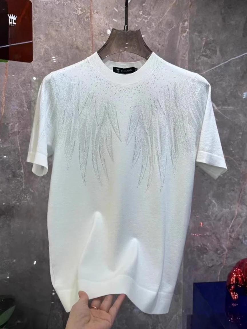 

Модный мужской вязаный свитер Slim Fit с коротким рукавом, со стразами, из смесовой шерсти, удобный повседневный топ с круглым вырезом