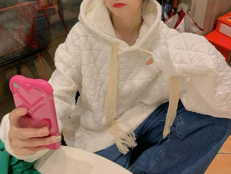 Diamantpatroon retro sweatshirt met capuchon voor dames Winterontwerp Dikke veelzijdige losse luie stijl jas