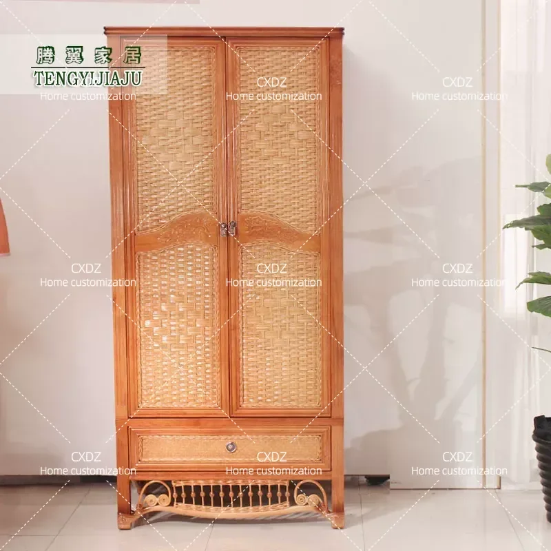 Natural Rattan Wardrobe Double Door Sliding Door Bedroom Storage  Closet Furniture