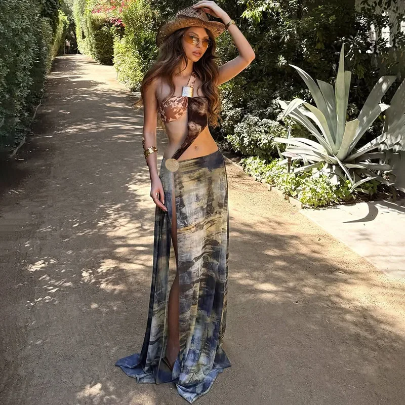 2025 트렌드 원 숄더 롱 스커트 여성 여름 비치웨어 패션 섹시한 레이디 허리리스 파티 드레스 여성 휴가 복장 의류