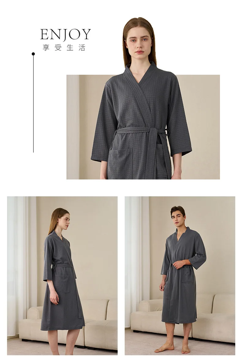 Herren Waffelstrick-Bademantel, Leichter Weicher Spa-Bademantel mit Taschen & Gürtel, Atmungsaktiver Saugfähiger Waffel-Kimono, Schlafbekleidung für Zuhause – Detail 12