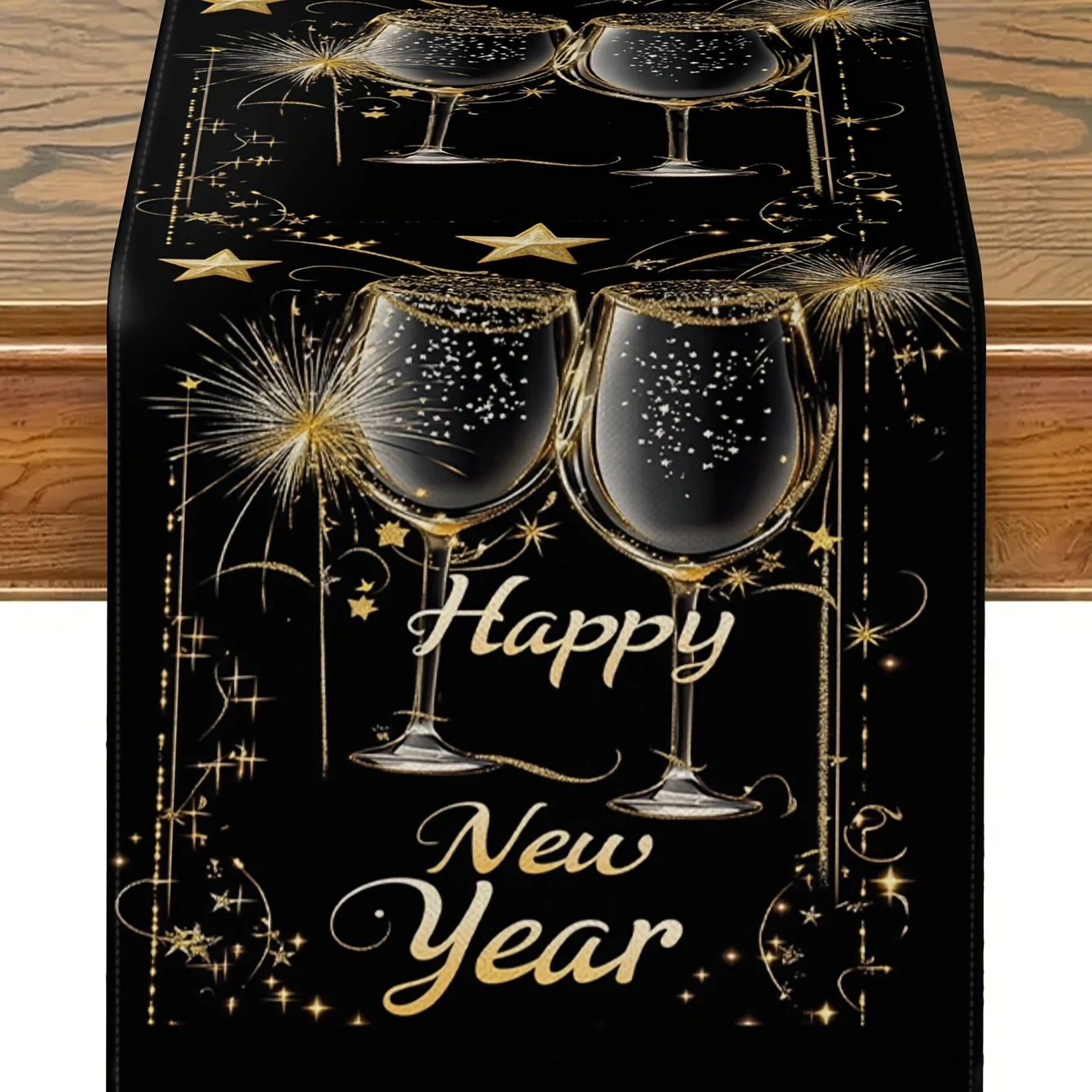 Happy New Year's Celebration Table Runner Champagne Glasses Fireworks & Stars Design Kitchen Festive & Party Decor