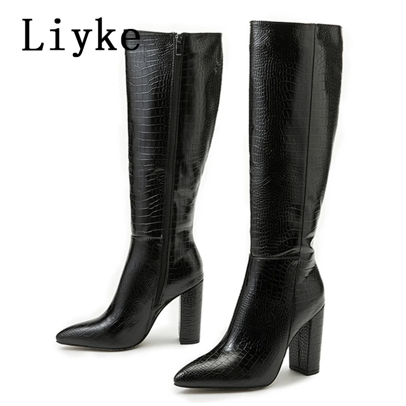 Liyke Fashion White Women Knee High Boots Sexy Snake Print Leather Pointed Toe Square Heels Ladies Long Booties Zip Female Shoes