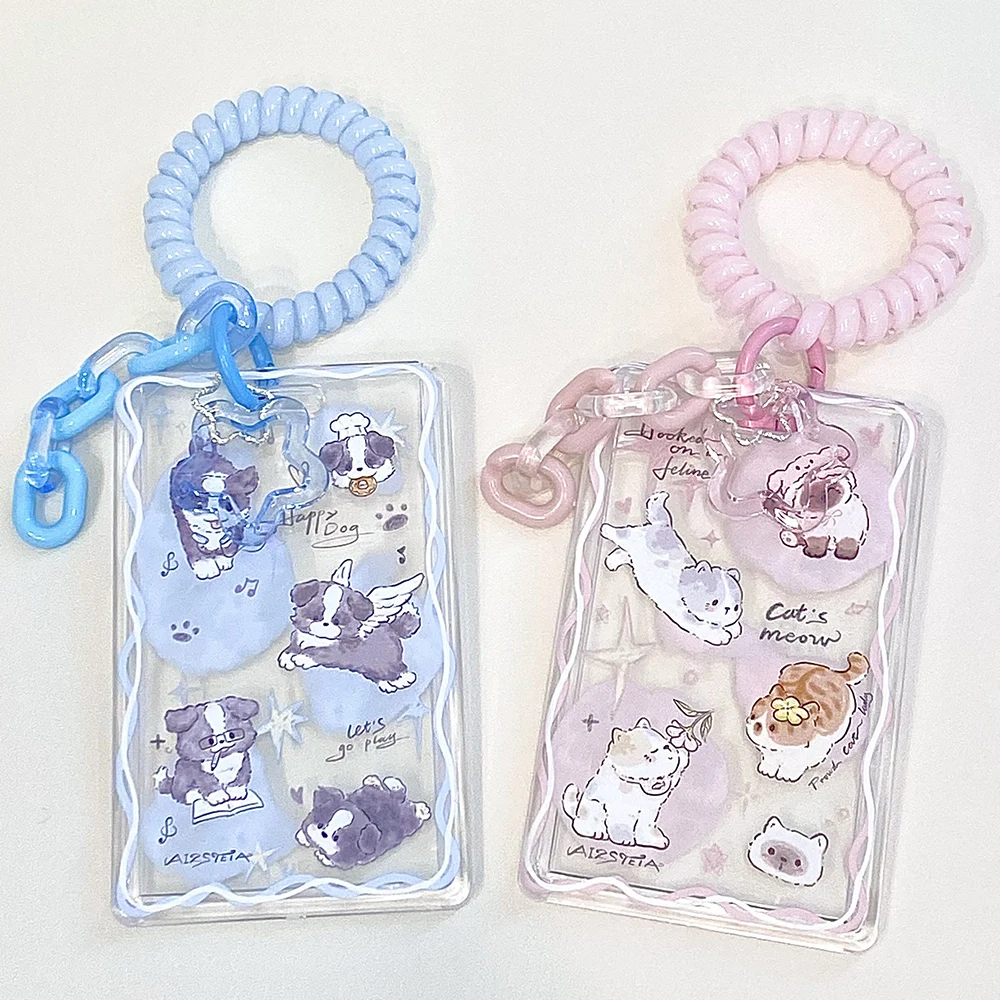 New Cartoon Photocard Holder Bag Charm With Spring Lanyard Transparent Acrylic Card Cover Case Anti-lose Bus ID Card Holder