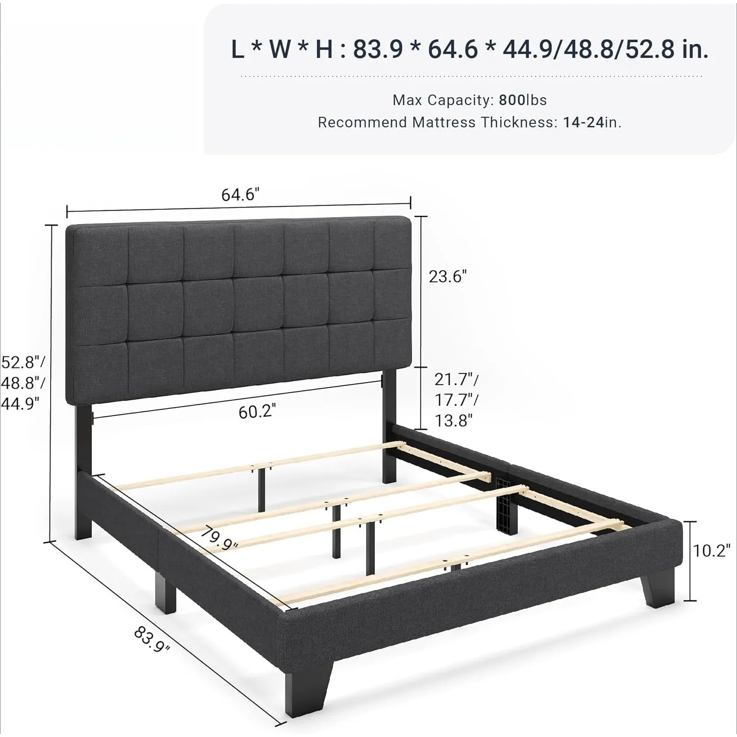 Testiera regolabile con struttura letto a pannello Queen Size per profilo alto Testiera imbottita con cuciture quadrate fondate in tessuto
