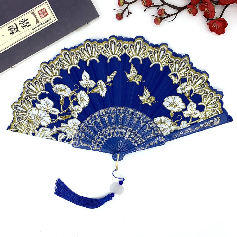 Art Craft Handheld Chinese Style Folding Fan Lace with Fan Ring Decorative Fan Plastic Handle Vintage Folding Fan Ladies Gift