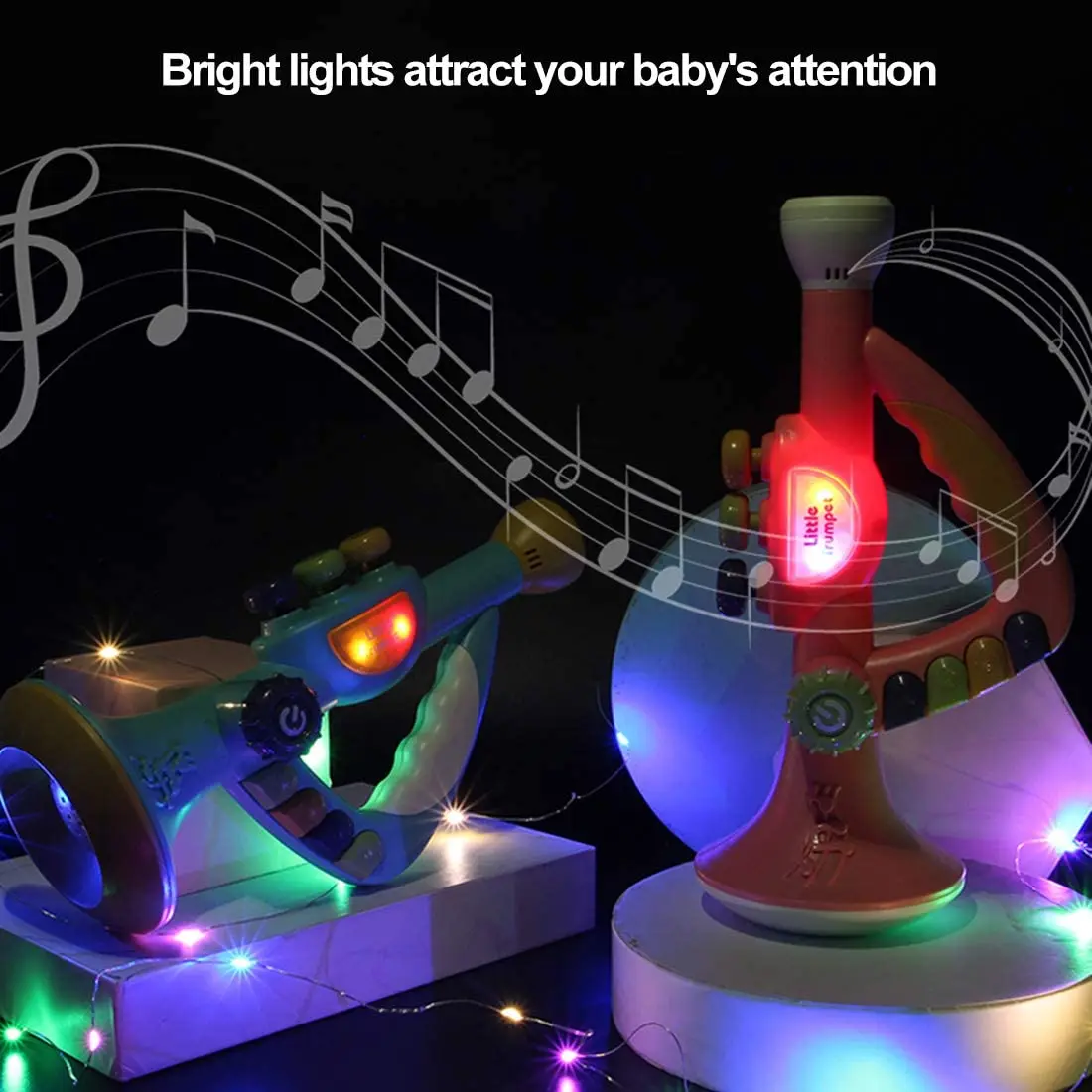 Trompeta de plástico para niños pequeños, Trompeta de juguete con música y luces, instrumento Musical educativo, B)