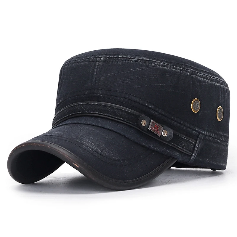 

Classic Vintage Flat Top Cap Men Vintage Army Denim Baseball Cap Cotton Cadet Hat Military Breathable Adjustable Summer Sun Cap