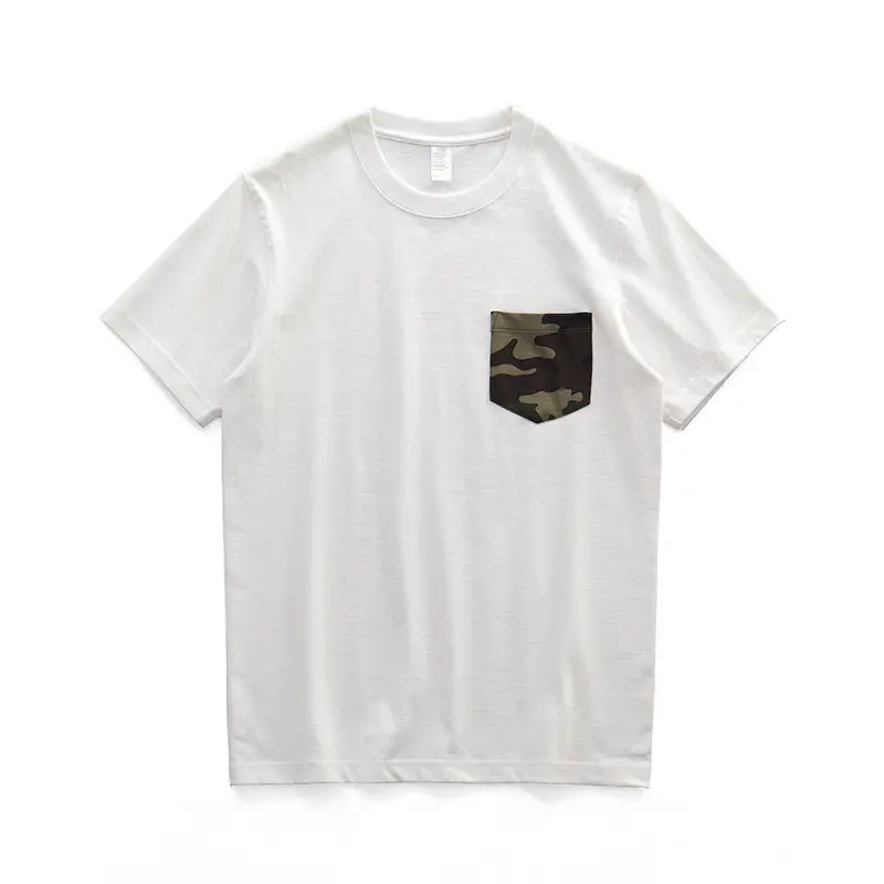 270G/M² Schweres Baumwoll-T-Shirt für Herren im Japan-Stil mit Camouflage-Tasche, Patchwork, locker geschnitten, lässig, Kurzarm-Oberteil