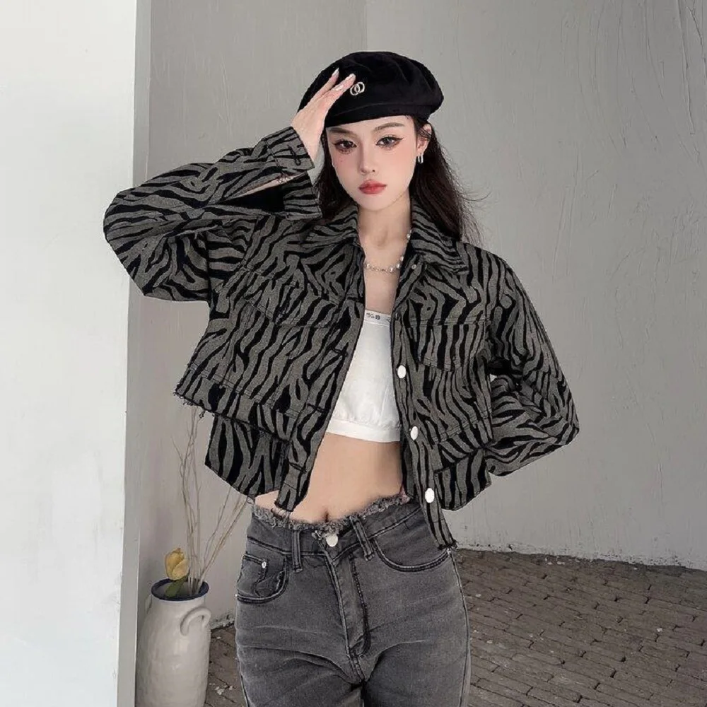 

American retro Joker Zebra Denim Jacket Women's Spring Autumn New Minority Design Spice Girl High Street Jacket