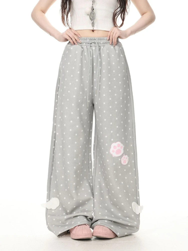 Harajuku Star Print Wide Leg Trousers Angel's Wings Vintage Grunge Loose Casual Pant Y2k Aesthetic Women Autumn Straight Pants