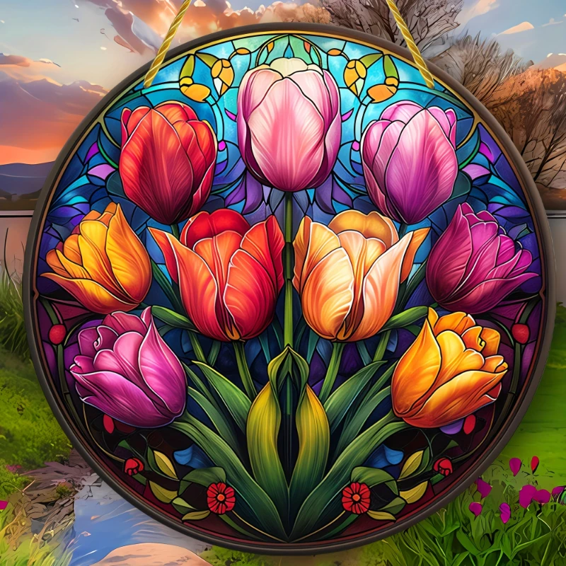 Multicolor Stained Glass Tulips Acrylic Suncatcher Window Round Hanging Home Garden Decor Perfect Mother's Day Birthday Gift