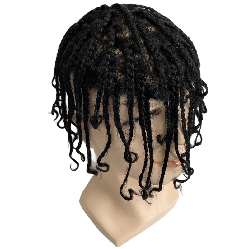 6 inches Indian Virgin Human Hair Replacement Box Braids #1 Jet Black Color 8x10 Skin Knots PU Toupee for Black Men