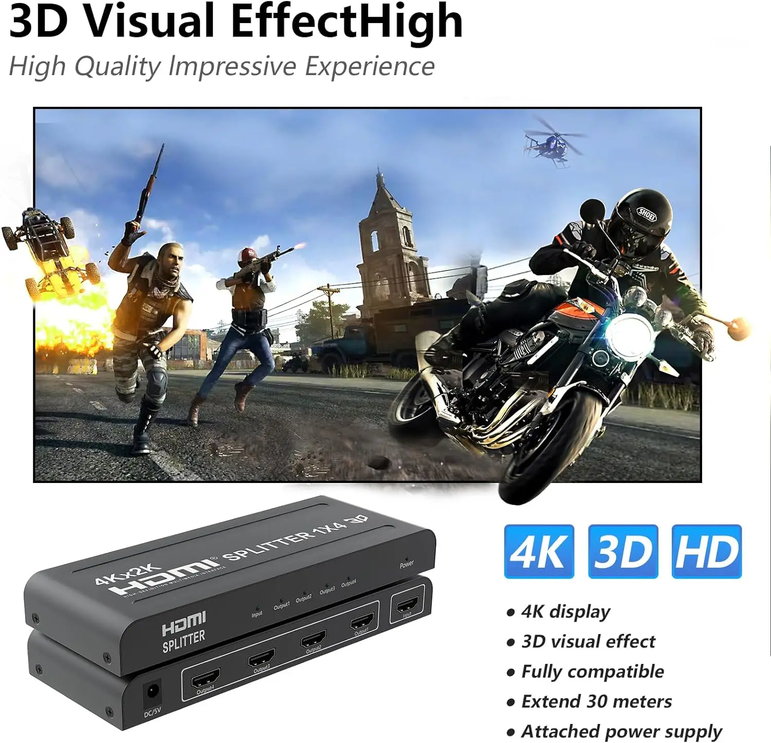 4K HDMI Splitter 1 in 4 out HDMI Video Distributor Splitter 1x4 Converter Duplicate 4 Screen Display for PC PS3/4 HDTV Projector