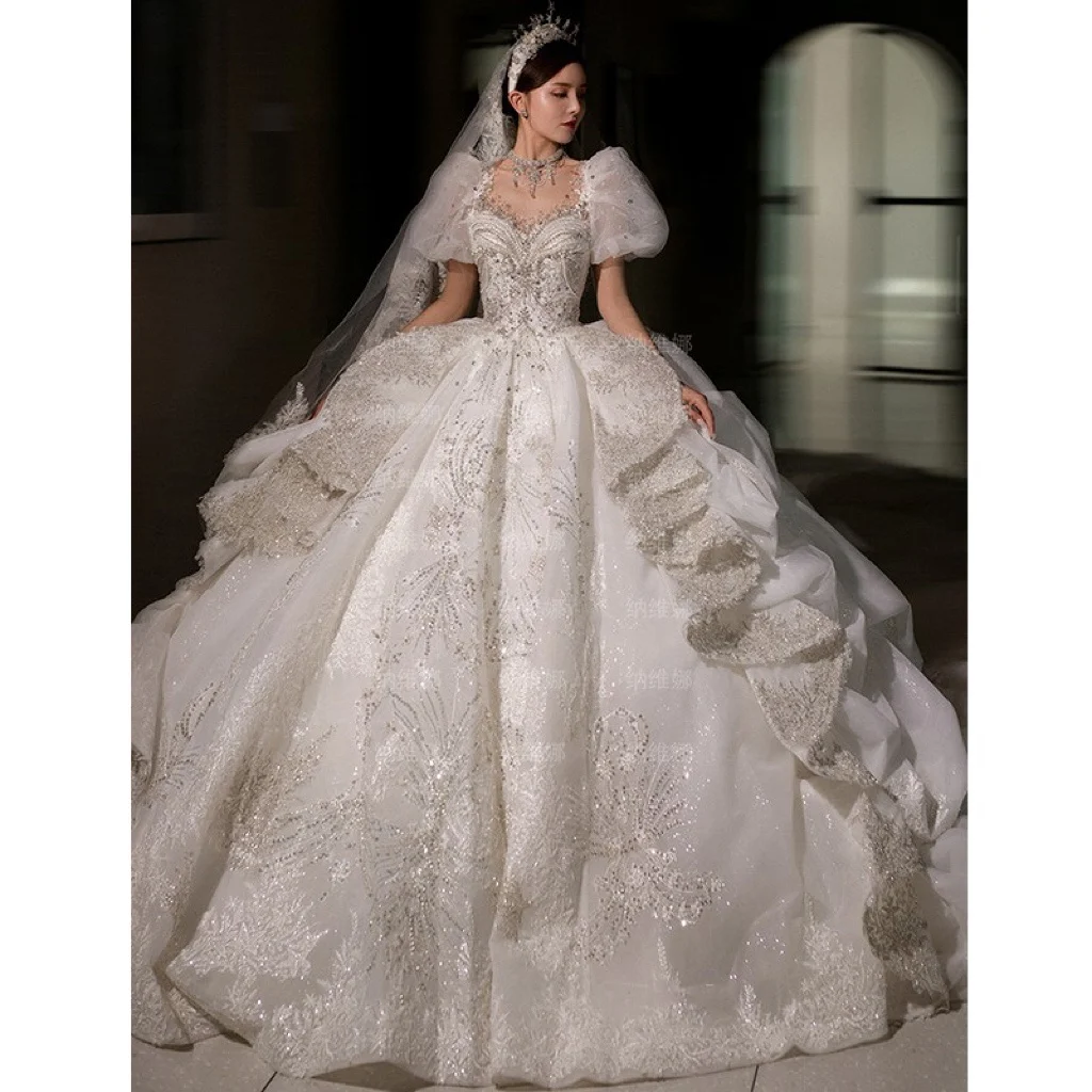 Luxury Sparkly Tulle Wedding Dress Lantern Sleeves Square Neck Embroidery Applique Sequined Beading Princess Bridal Ball Gowns