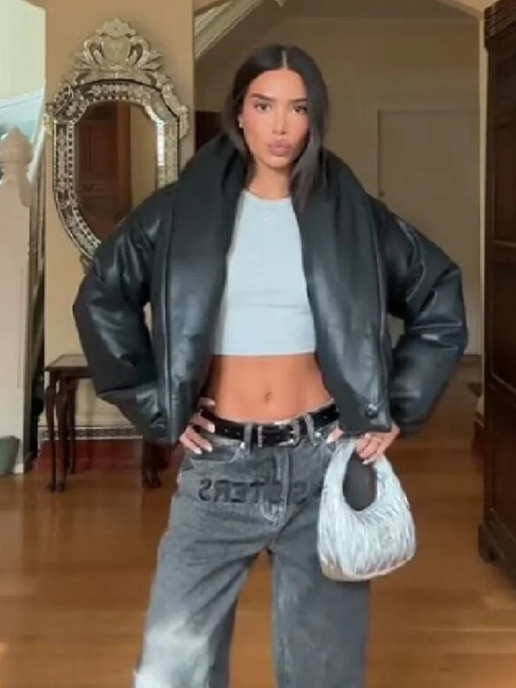 Dames trendy winter kunstleer Parker jas chique katoenen gewatteerde warme jas met lange mouwen nieuwe dame high street woon-werkverkeer bovenkleding