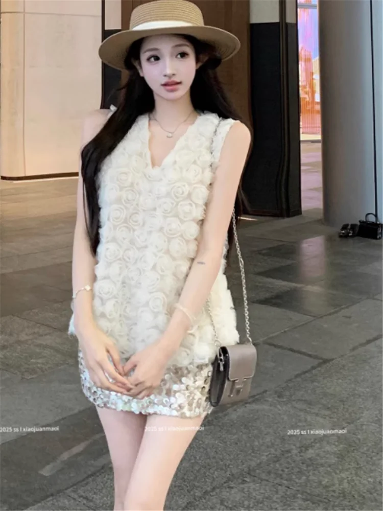 Celebrity Elegante Donna 2 Pezzi Set di Abiti con Scollo a V 3d Fiore di Rosa Maglia Canotta e Mini Una Linea di Paillettes Gonna chic 2 Pezzi Abiti